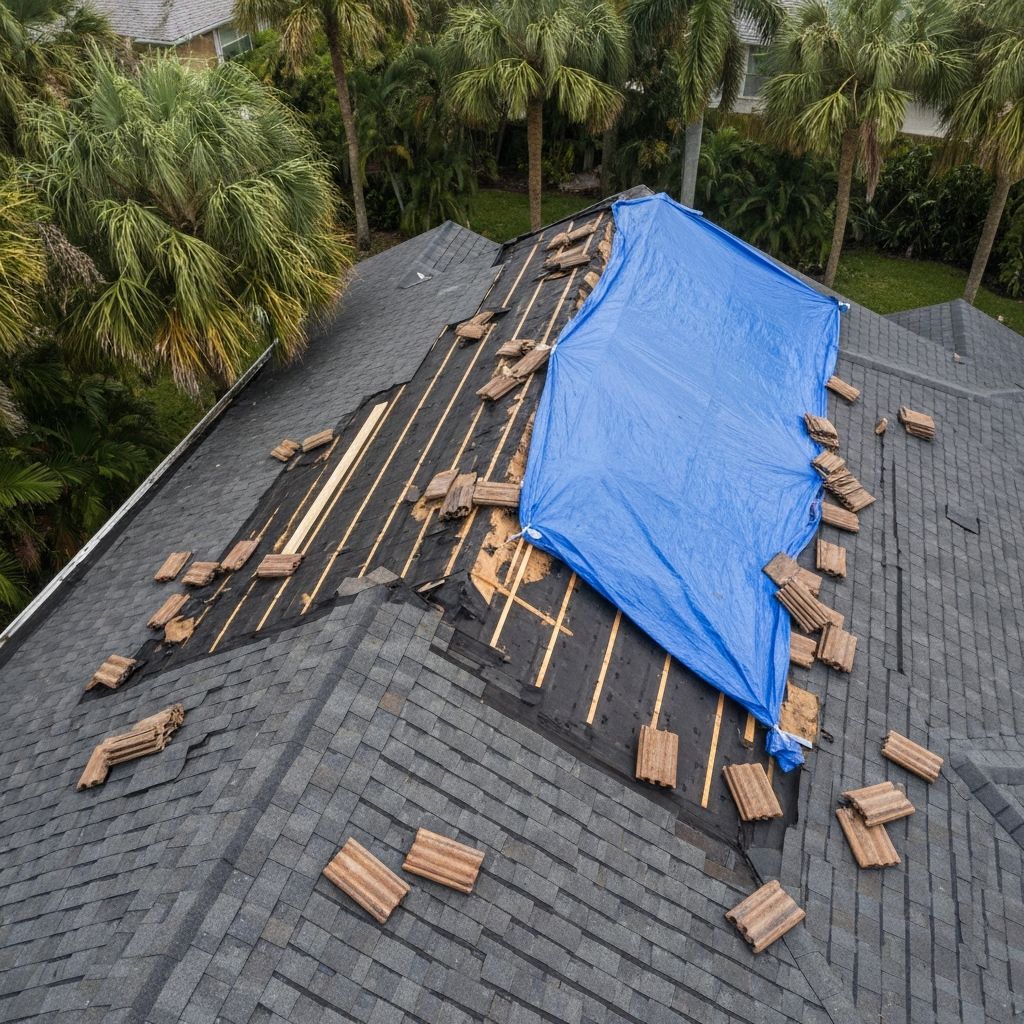 Florida roof with visible hurricane storm damage showing missing shingles and emergency tarp