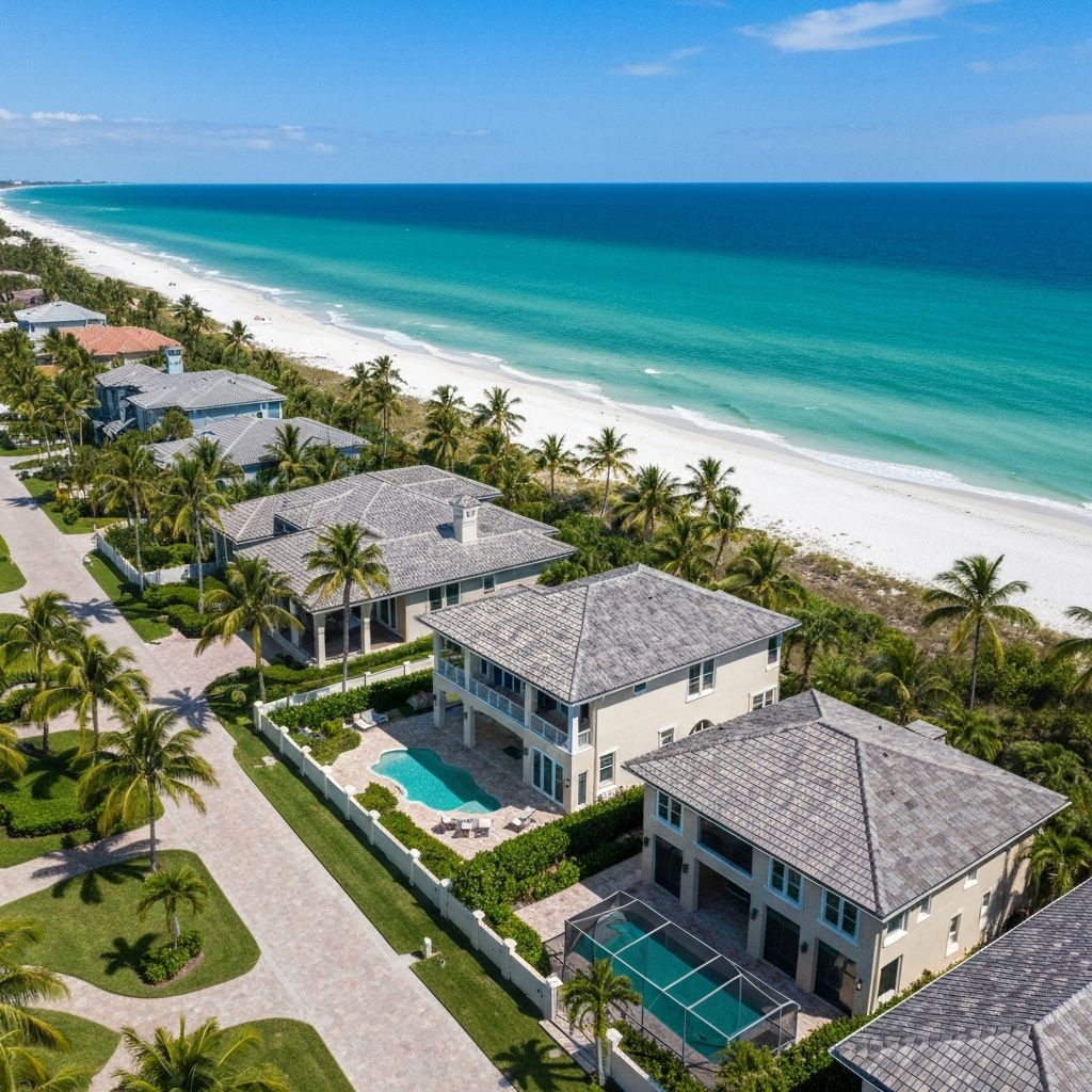 Beachfront homes along Naples Beach with Gulf-front exposure
