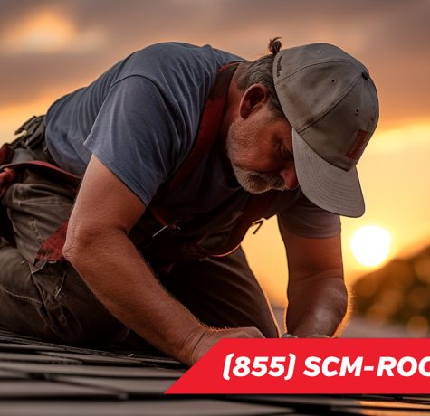 image of a residential roof repair and man working on shingled roof in Florida and SCM Roofing contact number 855-726-7663