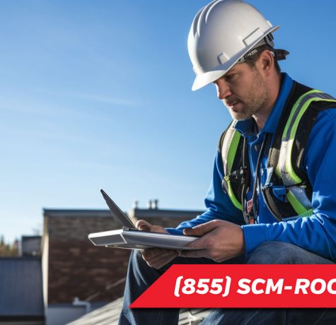 image of a roofer conducting an inspection after a hurricane for a shingled roof and SCM Roofing contact number 855-726-7663