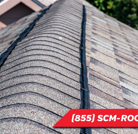 close up image of a rooftop showing ventilation with shingled roofing and SCM Roofing contact number 855-726-7663
