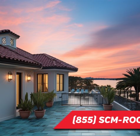 image of a Florida home with a tile roof and right off the water at sunset and SCM Roofing contact number 855-726-7663