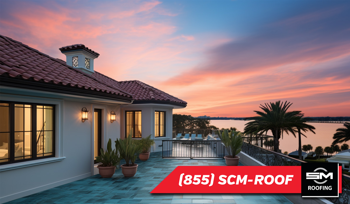 image of a Florida home with a tile roof and right off the water at sunset and SCM Roofing contact number 855-726-7663